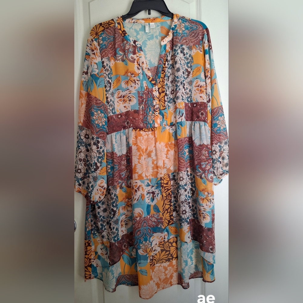 Cato Tunic Dress Top Patching Print Floral Fall Flowy Sz 18/20 Lighweight Formal